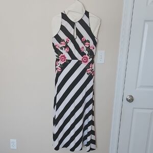 Striped Black and White Dress with Pink Floral Accents